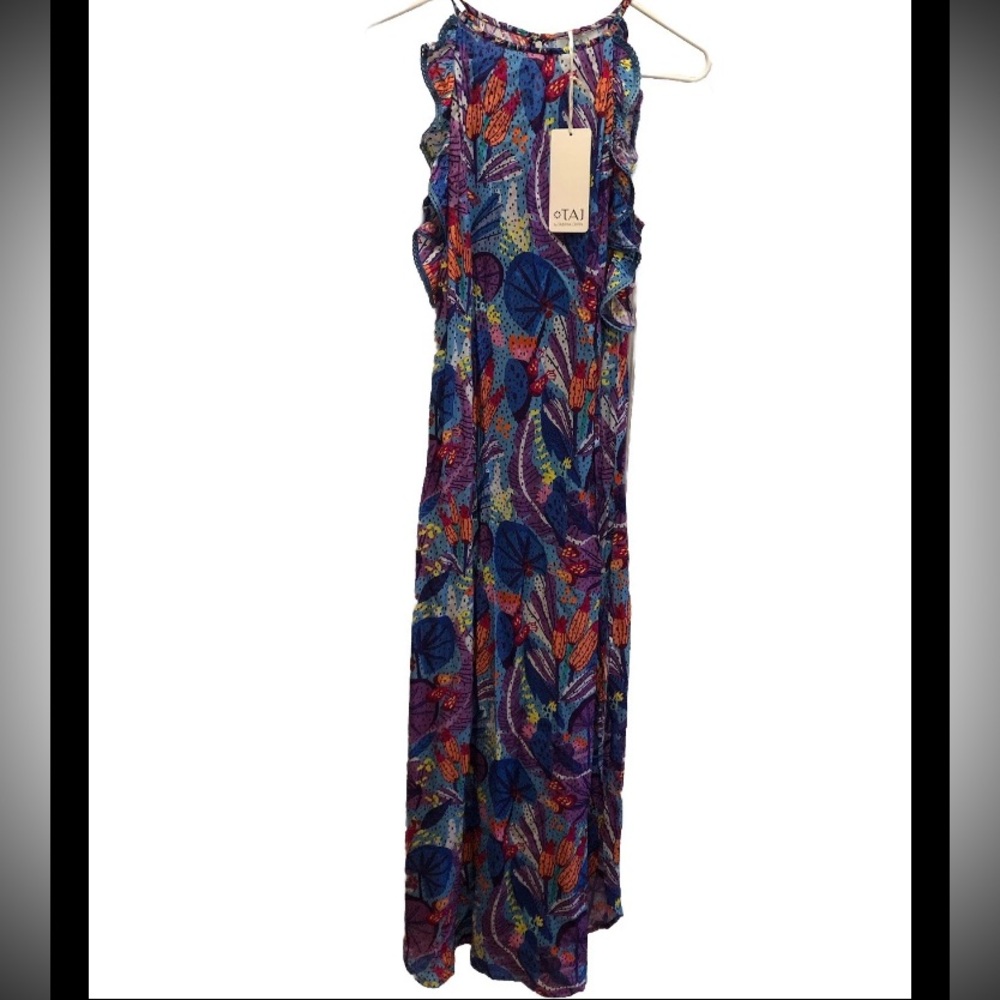 Taj By Sabrina Crippa NWT Floral Maxi Sheath Dress ZIM SZ SM Ruffle-Sleeveless